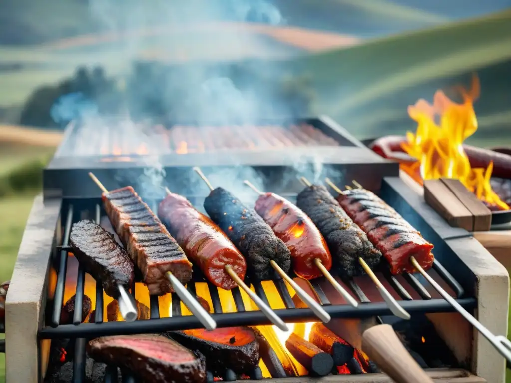 Un asado uruguayo tradicional en un entorno campestre, rodeado de amigos y familiares disfrutando de la cultura culinaria