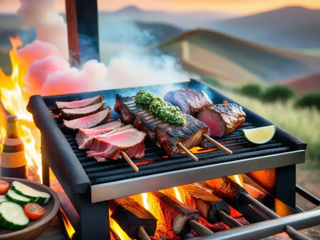 Un asado uruguayo tradicional en un entorno campestre pintoresco al atardecer