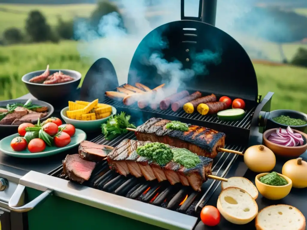 Un asado uruguayo tradicional en un entorno campestre exuberante, con carnes sizzling en la parrilla, rodeado de chimichurri y pan rústico