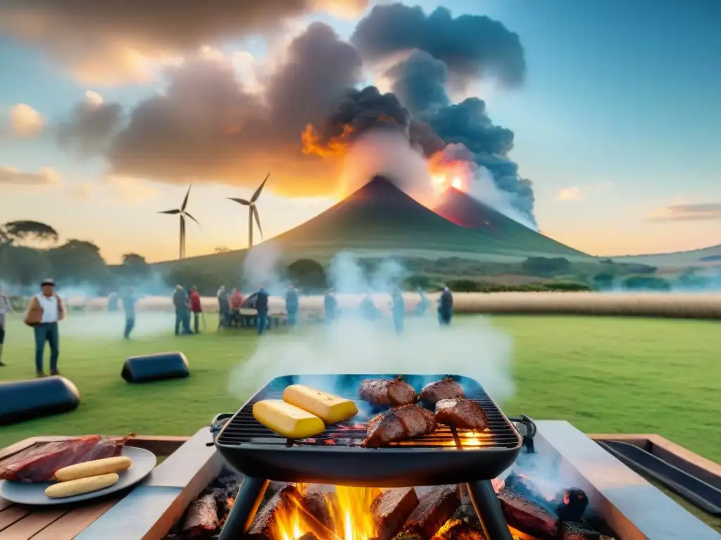 Un asado uruguayo tradicional en un entorno campestre verde con energías alternativas integradas