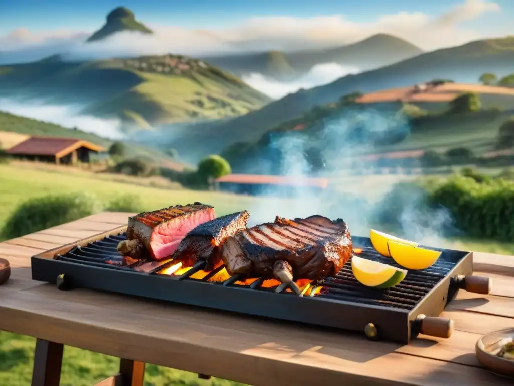 Un asado uruguayo tradicional en un entorno campestre con carnes a la parrilla bajo el sol