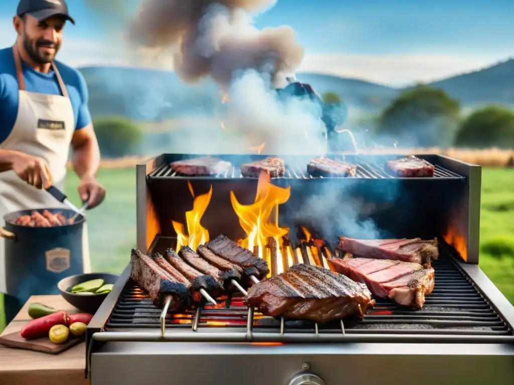 Un asado uruguayo tradicional en un entorno rústico, con gauchos cuidando la parrilla