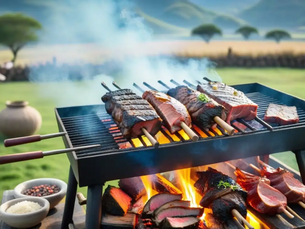 Un asado uruguayo tradicional en un entorno campestre, ideal para degustar asado uruguayo