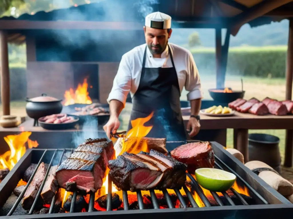 Un asado uruguayo tradicional en un entorno rústico, con chefs expertos y una atmósfera de camaradería