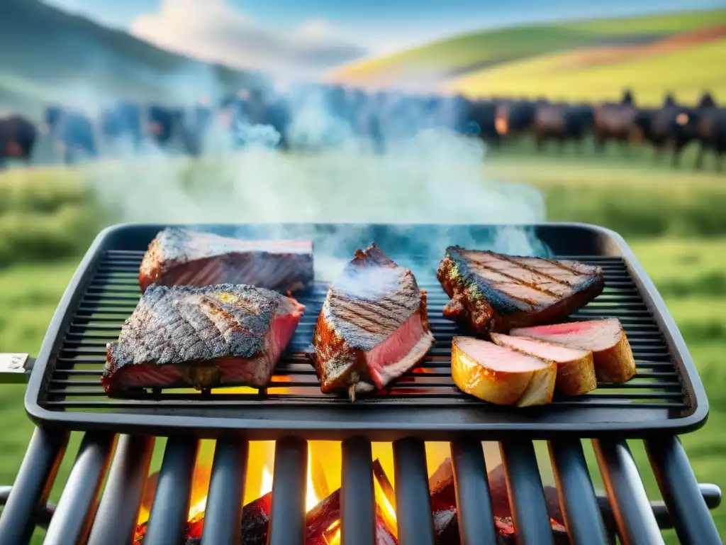 Asado tradicional uruguayo: una experiencia sensorial inolvidable Un asado uruguayo tradicional en un evento de marca, con carnes sizzling en la parrilla y gente disfrutando en el campo