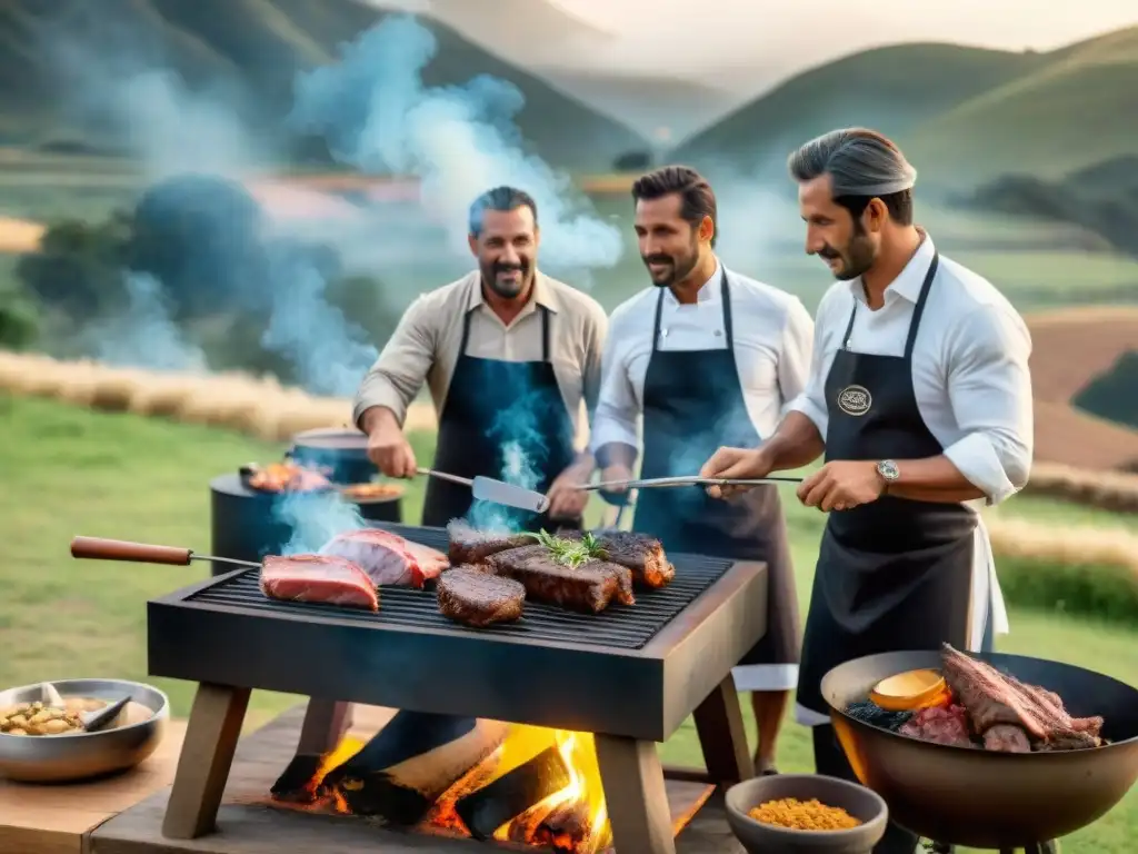 Un asado uruguayo tradicional con expertos asadores en un entorno campestre, demostrando certificaciones técnicas asado uruguayo