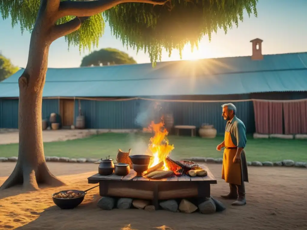 Un asado uruguayo tradicional: familia, nostalgia y tradición bajo un árbol al atardecer, con juegos infantiles y recuerdos