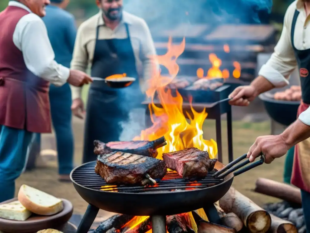 Un asado uruguayo tradicional: gauchos en un entorno rústico asando carne en una parrilla gigante