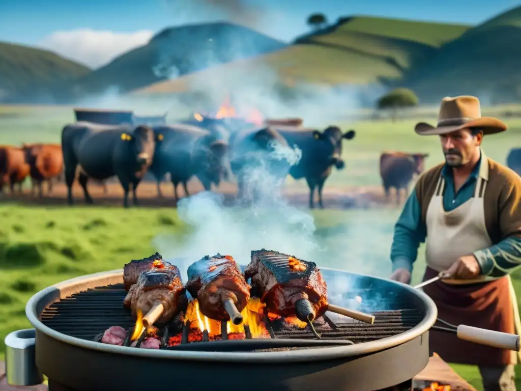 Un asado uruguayo tradicional con gauchos y naturaleza, mostrando la influencia del asado en la cocina global