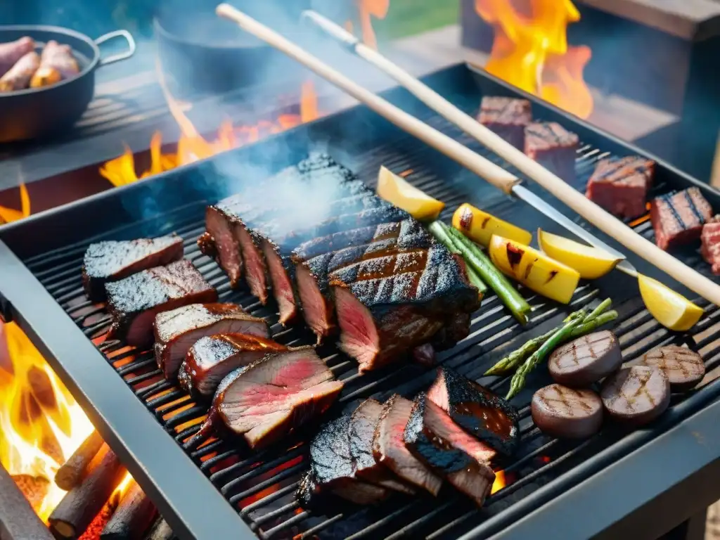 Un asado uruguayo tradicional con gauchos y chimichurri en un entorno rústico