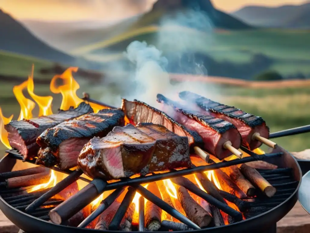 Un asado uruguayo tradicional con gauchos y fuego en las colinas al atardecer