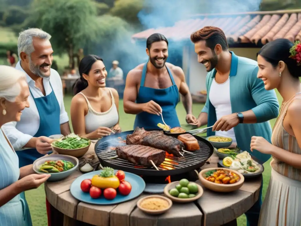 Un asado uruguayo tradicional: un grupo diverso comparte comida y experiencias bajo un cielo azul