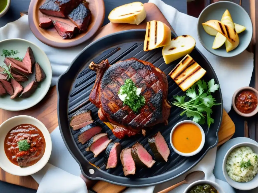 Un asado uruguayo tradicional con guarniciones típicas y parrilla al aire libre