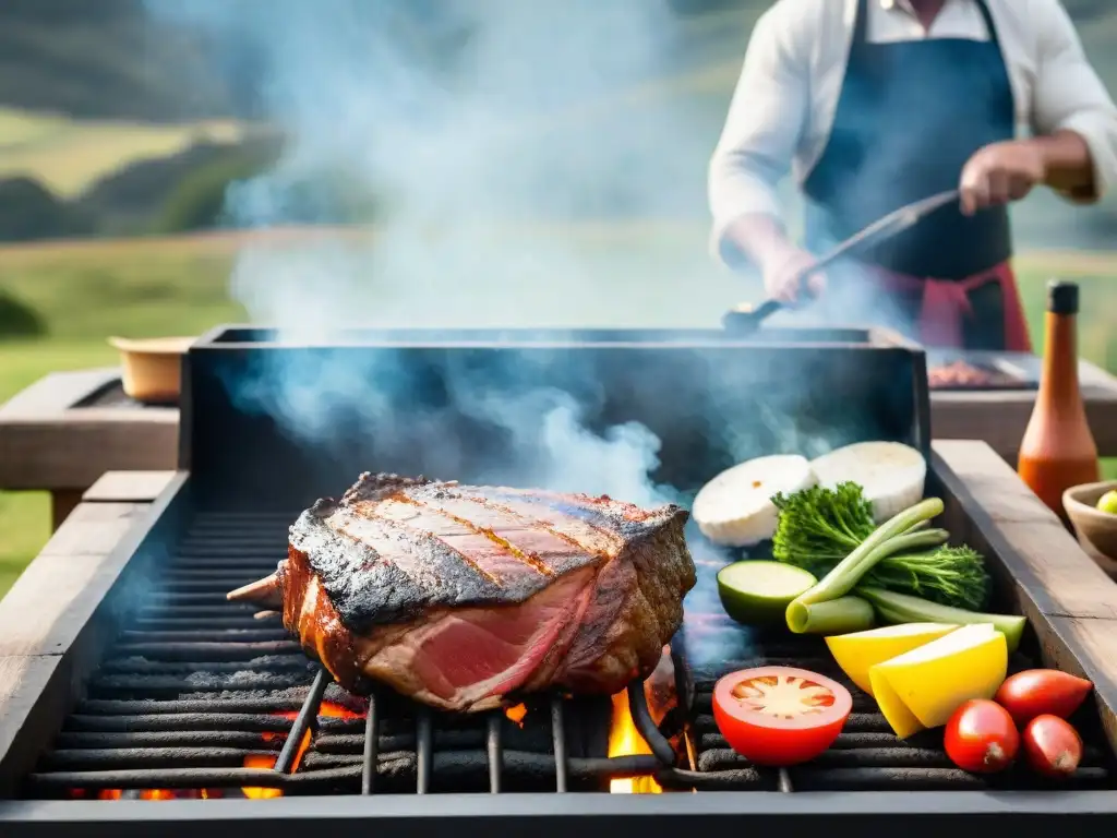 Un asado uruguayo tradicional siendo organizado por habilidosos gauchos en un paisaje campestre pintoresco