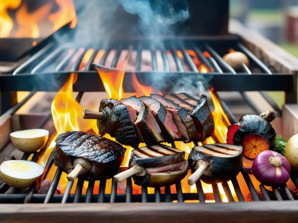 Un asado uruguayo tradicional con hongos, carnes jugosas y verduras coloridas, todo a la parrilla bajo el cálido resplandor de las llamas