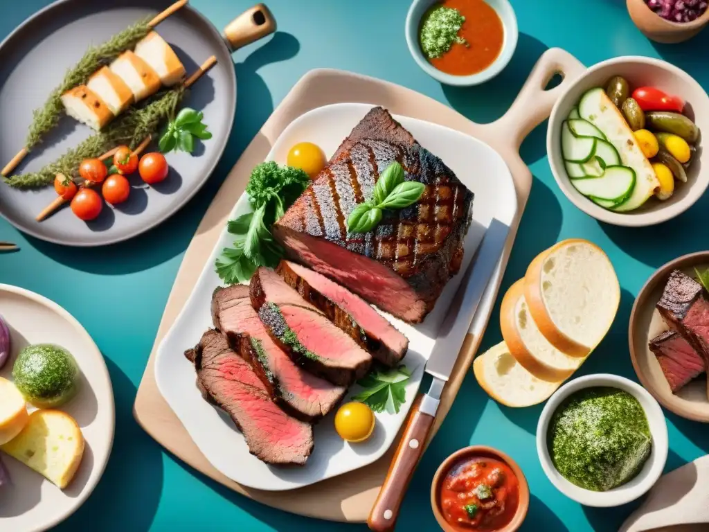 Un asado uruguayo tradicional con influencia italiana, platos coloridos y gauchos cocinando a la parrilla