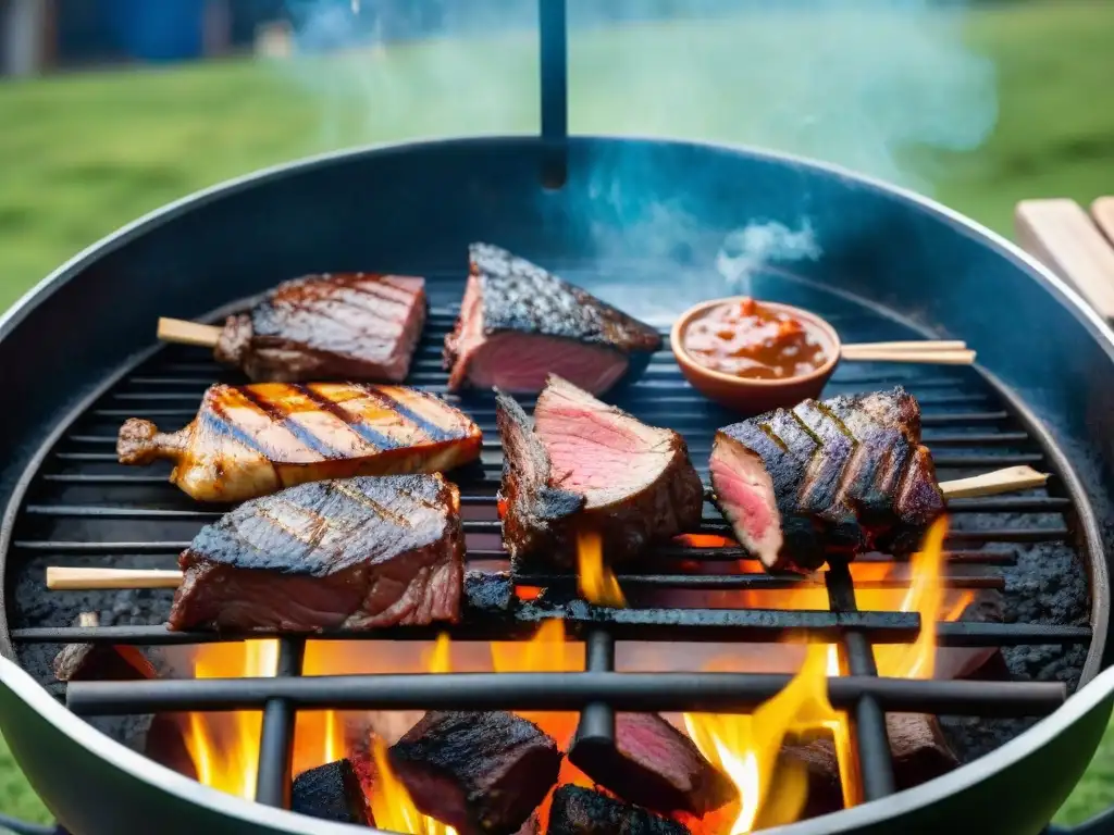 Un asado uruguayo tradicional con influencias internacionales en un entorno campestre vibrante y colorido