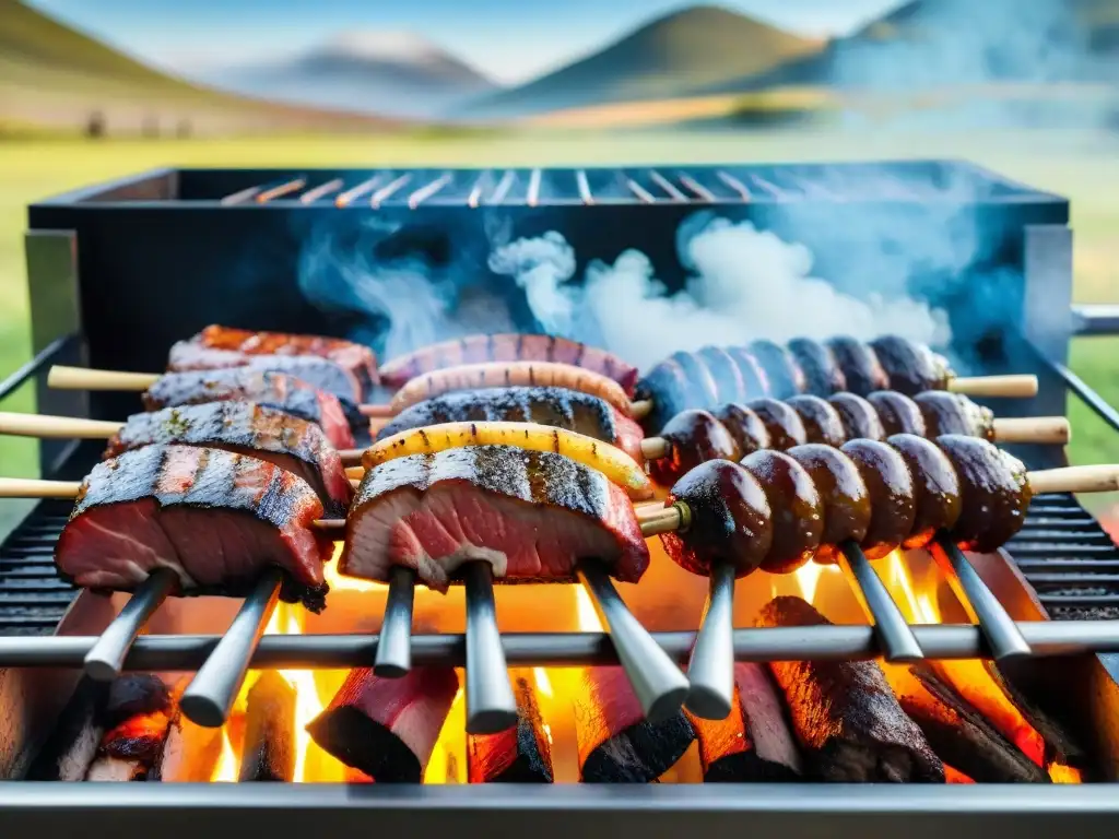 Un asado uruguayo tradicional con ingredientes para asado uruguayo cocinando a la parrilla en un paisaje campestre pintoresco