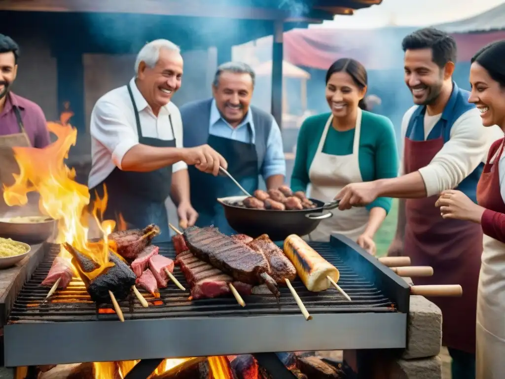 Un asado uruguayo tradicional donde inmigrantes comparten historias y camaradería mientras cocinan juntos