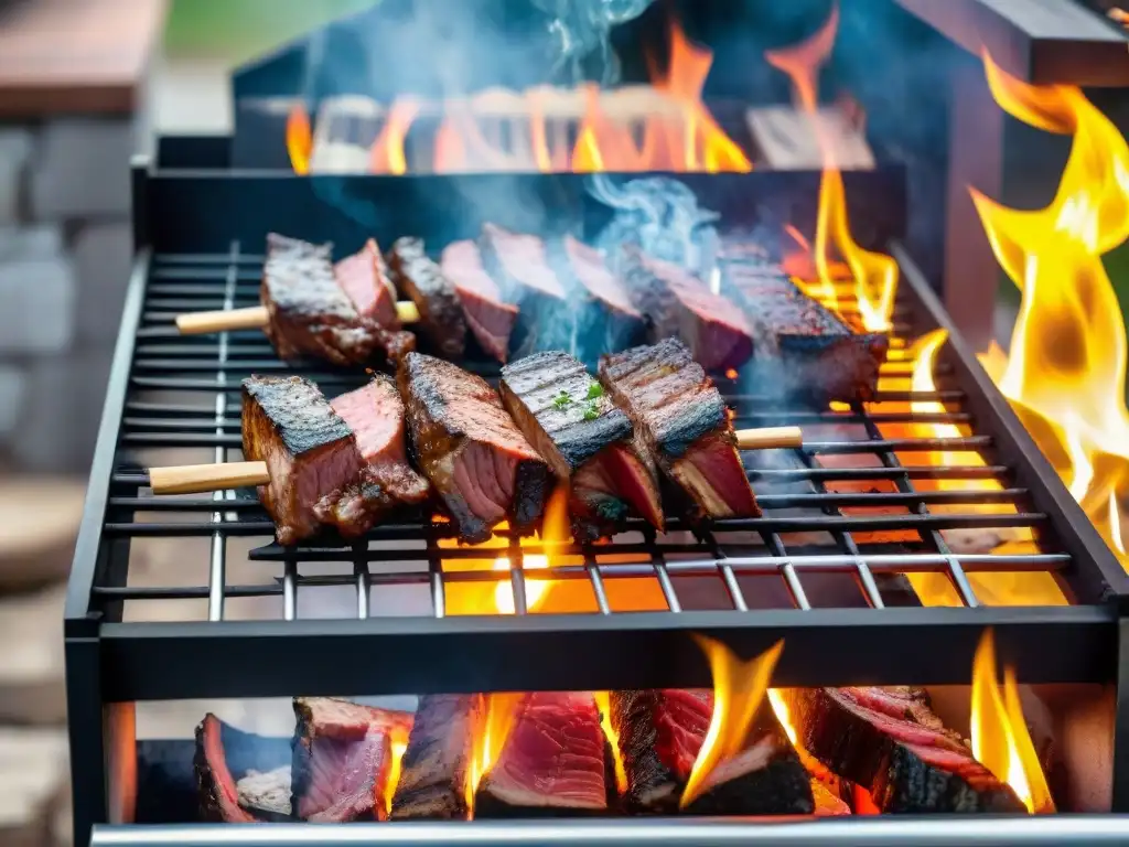 Un asado uruguayo tradicional con innovaciones en la parrilla, amigos disfrutando del proceso