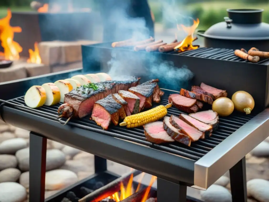 Un asado uruguayo tradicional con lanzamiento producto estilo asado uruguayo, carnes y condimentos en parrilla rustica al aire libre