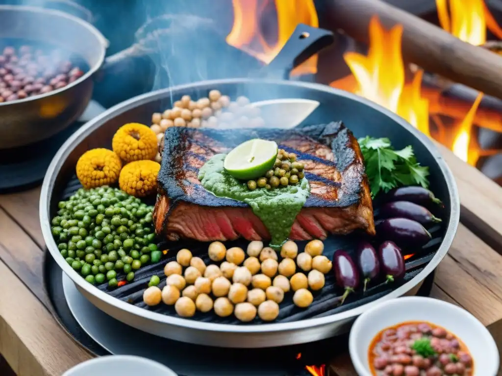 Un asado uruguayo tradicional con legumbres sizzling, rodeado de mesas rústicas y chimichurri verde vibrante