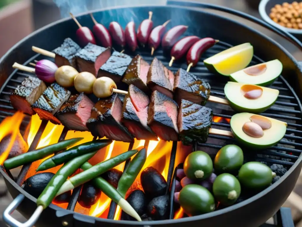 Un asado uruguayo tradicional con legumbres coloridas cocinándose a la perfección sobre brasas calientes en un entorno rústico