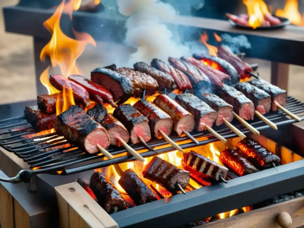 Un asado uruguayo tradicional lleno de cortes de carne sizzling rodeado de llamas y humo, capturando los Secretos del asado uruguayo