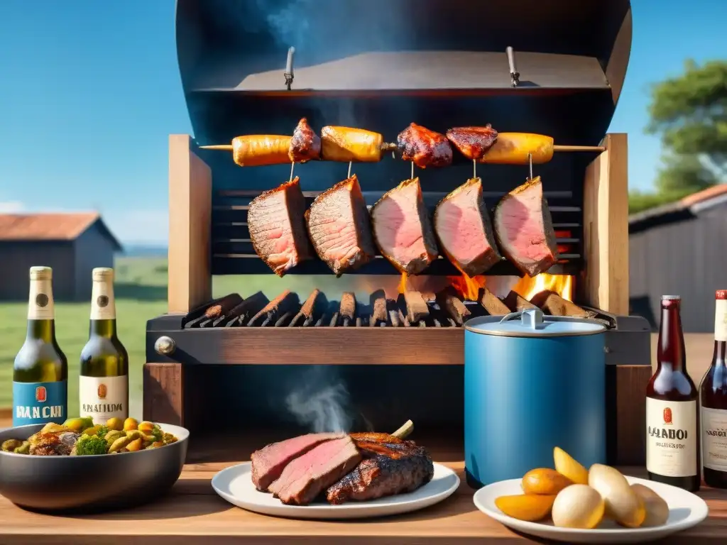 Un asado uruguayo tradicional con maridaje perfecto de cerveza y vino en un ambiente acogedor y apetitoso