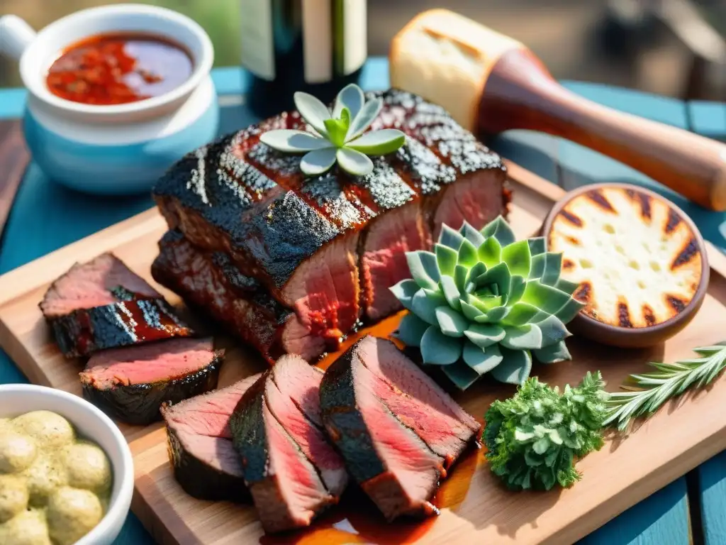 Un asado uruguayo tradicional con maridaje de vinos, colores vibrantes y aroma ahumado