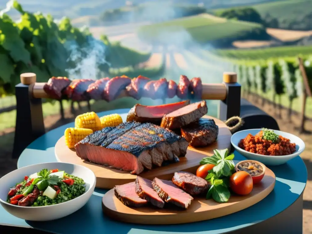 Un asado uruguayo tradicional con maridaje de vino, mesa llena de carnes a la parrilla y amigos disfrutando