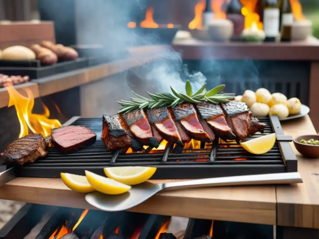 Un asado uruguayo tradicional con maridaje de vino en medio de una atmósfera cálida y acogedora