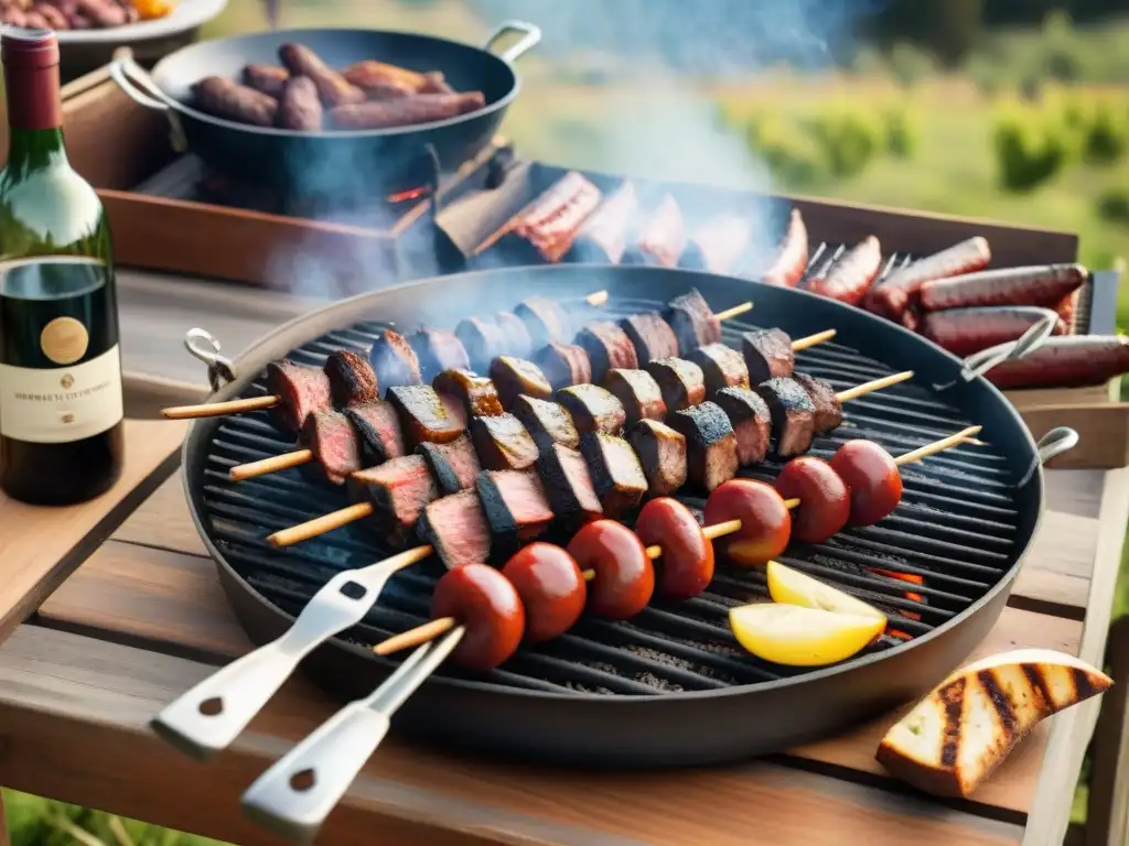 Un asado uruguayo tradicional con maridaje de vinos y carnes, bañado por la cálida luz del sol en un entorno campestre pintoresco