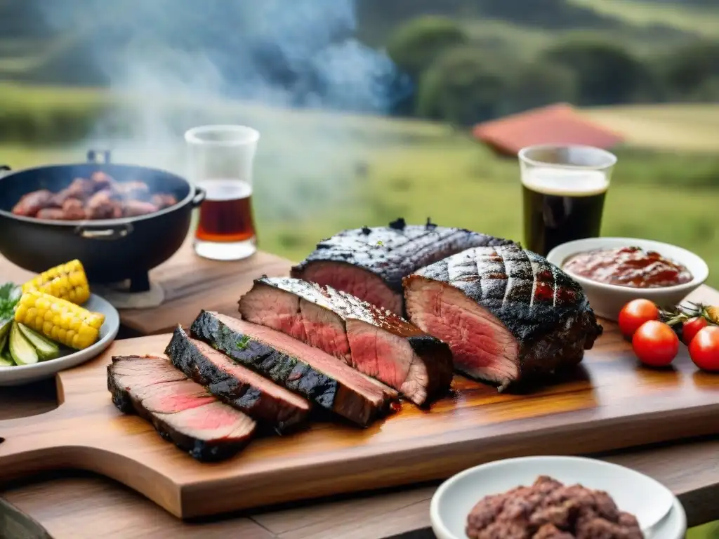 Un asado uruguayo tradicional con maridajes innovadores en una mesa rústica al aire libre