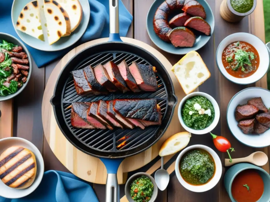 Un asado uruguayo tradicional con marinados para asado uruguayo, amigos reunidos y paisaje campestre