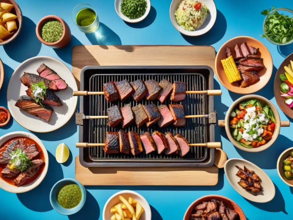 Un asado uruguayo tradicional con los mejores acompañamientos: ensaladas, papas fritas y chimichurri, en un entorno campestre