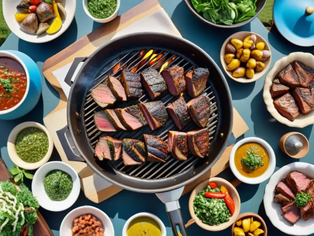 Un asado uruguayo tradicional con las mejores especias, carnes jugosas y coloridos acompañamientos en un entorno campestre festivo