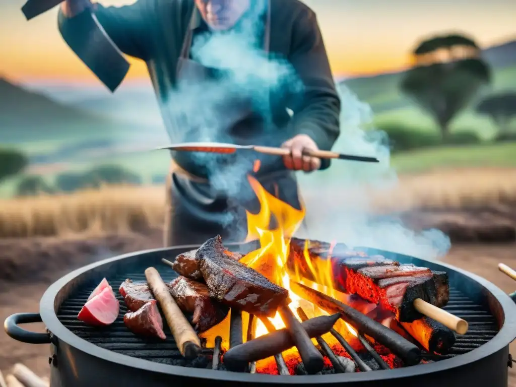 Un asado uruguayo tradicional con las mejores técnicas para asar, en un paisaje campestre rústico con gauchos y brasas incandescentes