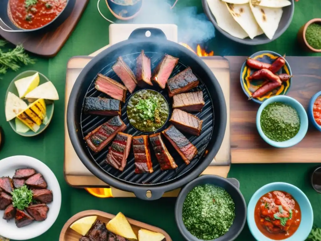 Un asado uruguayo tradicional con los mejores condimentos como chimichurri y salsa criolla, en un escenario campestre vibrante