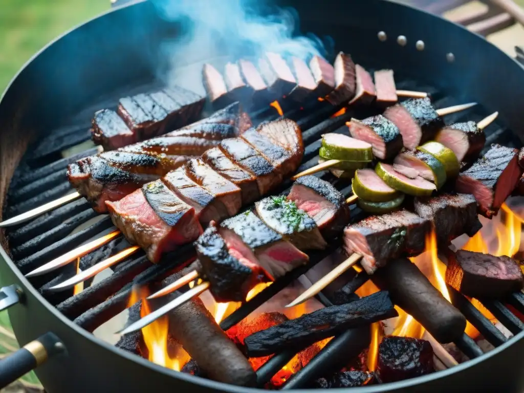 Un asado uruguayo tradicional con los mejores cortes de carne uruguayos cocinándose en una parrilla al aire libre bajo el cielo azul