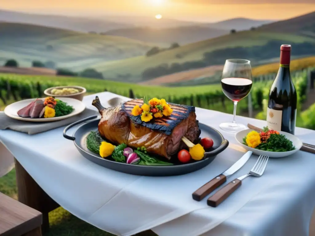 Un asado uruguayo tradicional con mesa elegante al aire libre y parrilla rústica al fondo