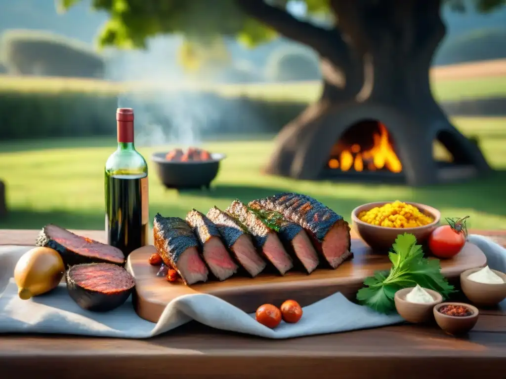 Un asado uruguayo tradicional en una mesa de madera rústica bajo la sombra de un árbol