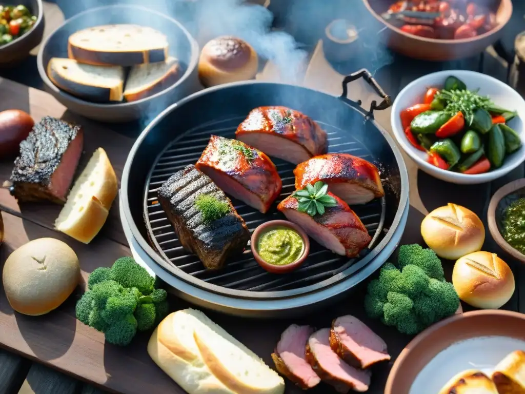 Un asado uruguayo tradicional en una mesa de madera rústica con ingredientes y una atmósfera cálida