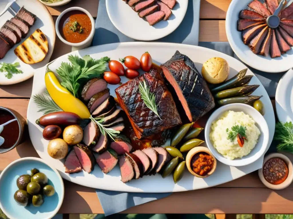 Un asado uruguayo tradicional en una mesa rústica, con carnes a la parrilla y acompañamientos, bajo el cálido sol