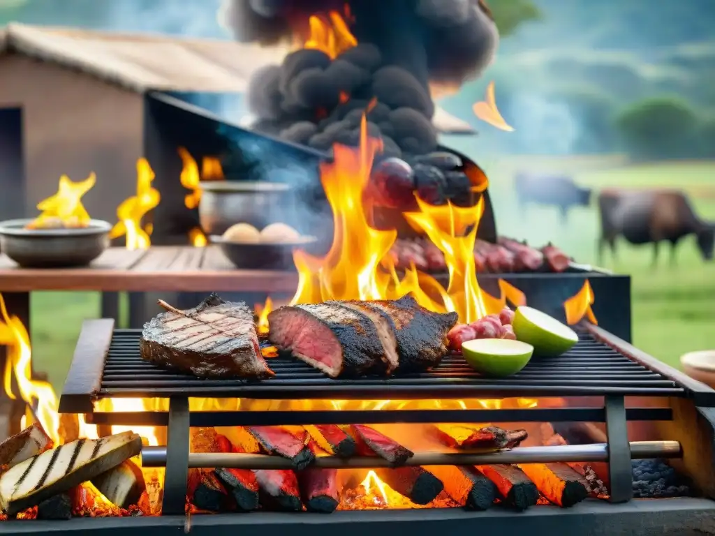 Un asado uruguayo tradicional con orígenes multiculturales en un entorno campestre