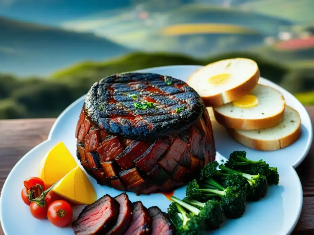 Un asado uruguayo tradicional con paisaje campestre y gauchos