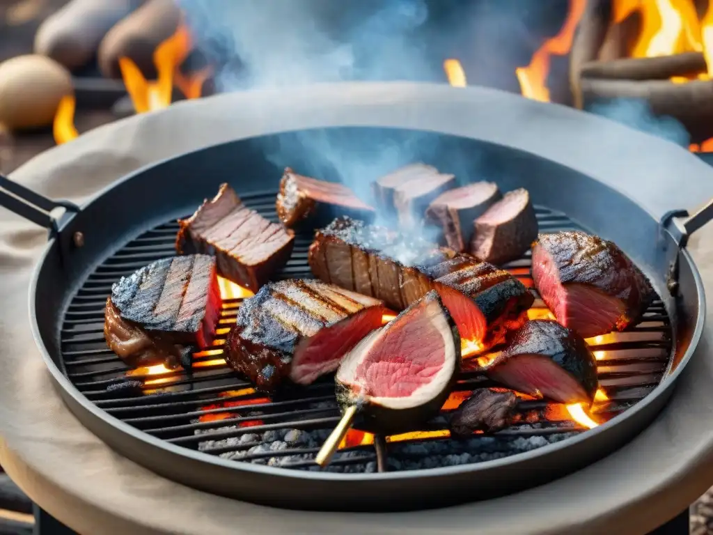 Delicioso asado uruguayo a la parrilla Un asado uruguayo tradicional en parrilla con brasas incandescentes y carnes jugosas
