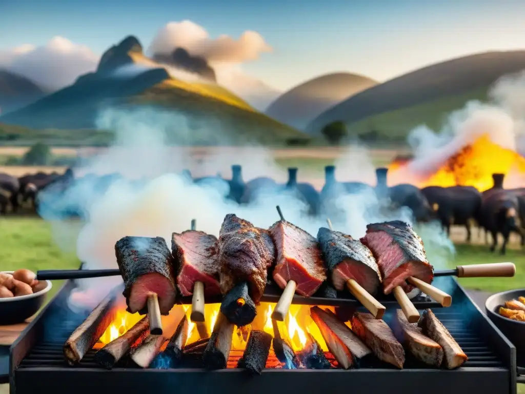 Un asado uruguayo tradicional en una parrilla móvil con gauchos y paisaje de campo