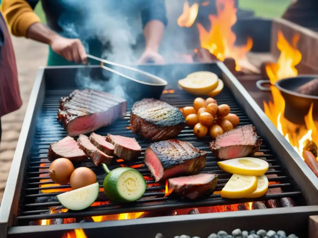 Un asado uruguayo tradicional en una parrilla rústica al aire libre, amigos disfrutando el ambiente cálido del atardecer