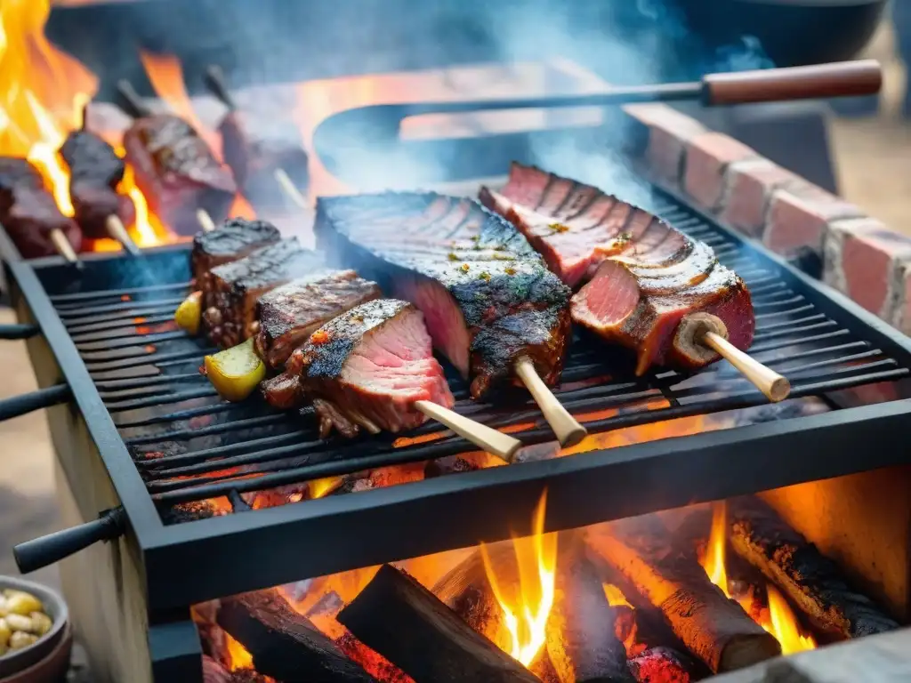 Un asado uruguayo tradicional en una parrilla rústica, maridaje vinos naturales asado uruguayo